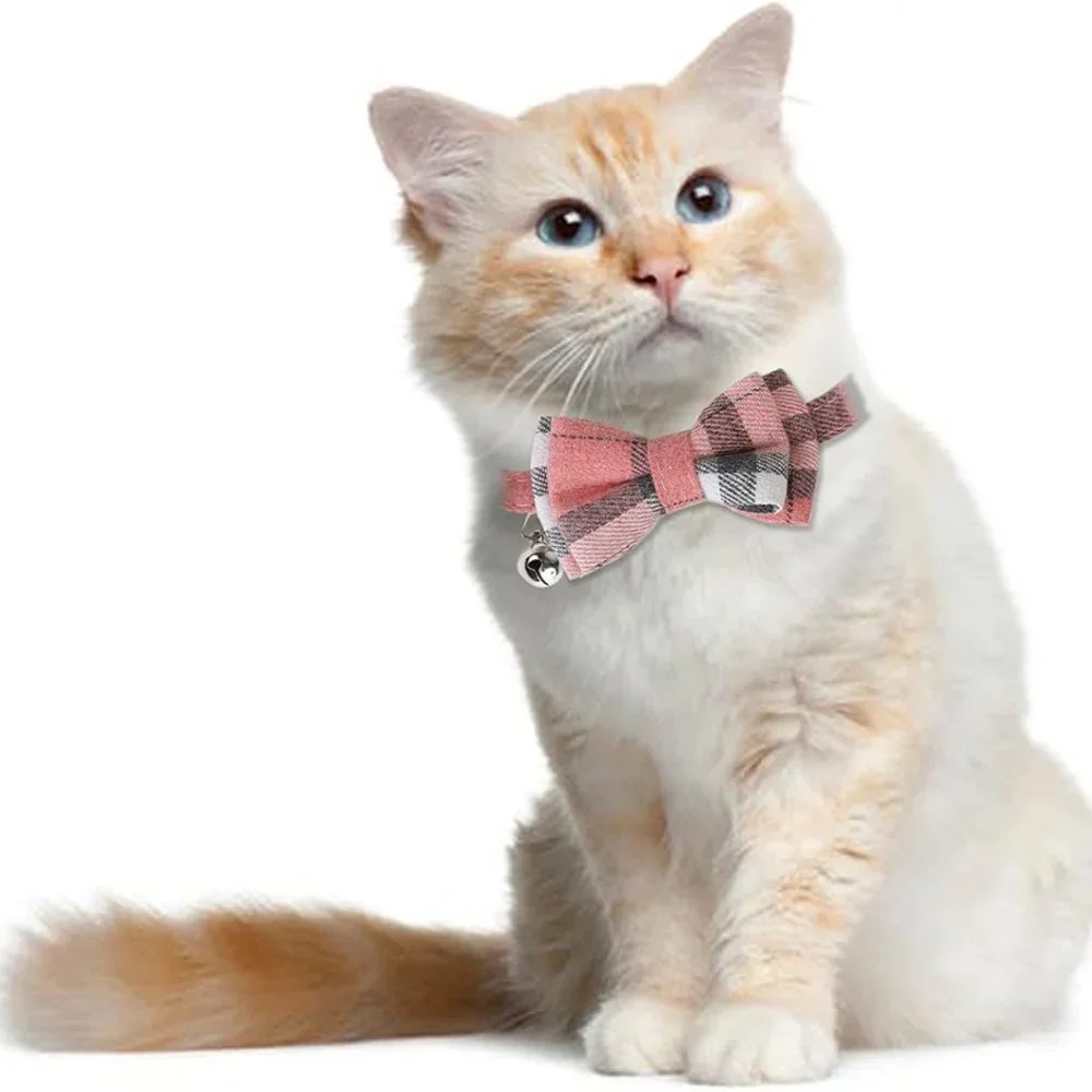 Pink and Grey Plaid Cat Break Away Collar With Bell And Detachable Bow